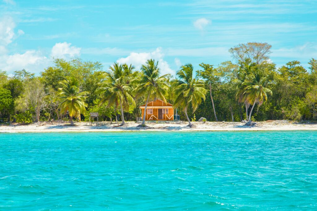 Idyllic cabin on a tropical beach in La Altagracia, Dominican Republic, surrounded by palm trees and turquoise waters.